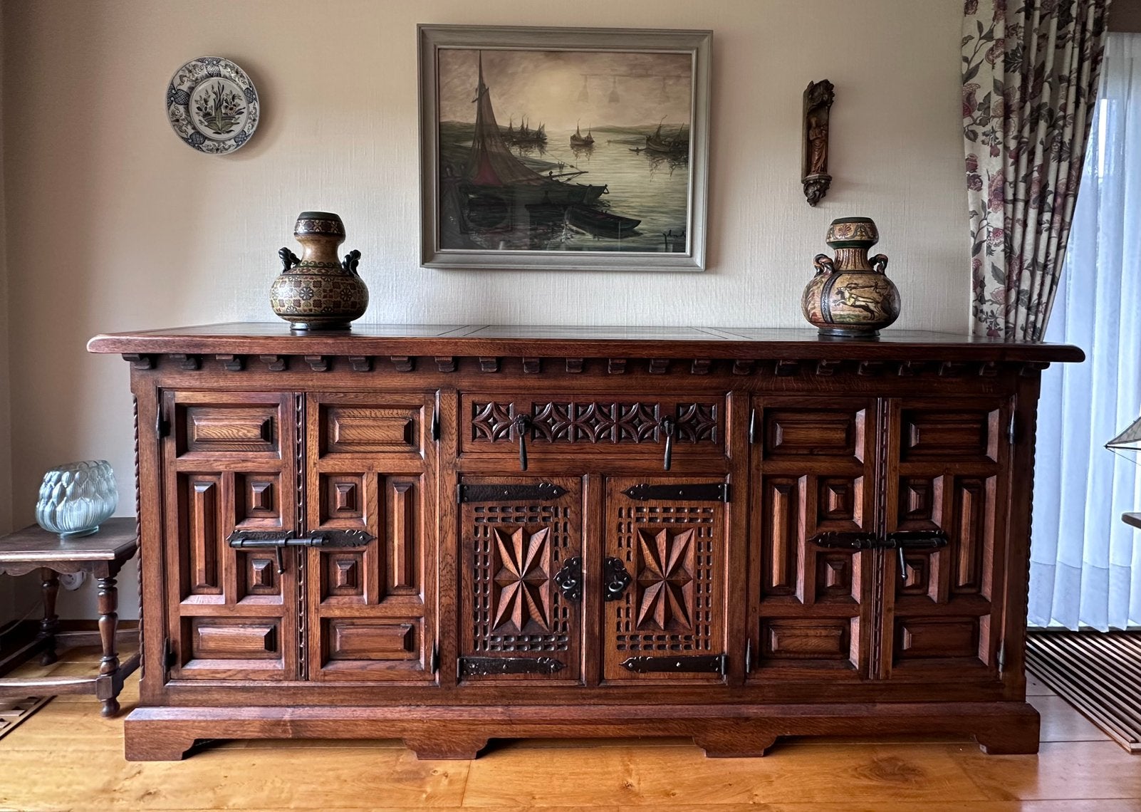 Massief eiken dressoir met smeedijzer, Enlèvement, Comme neuf