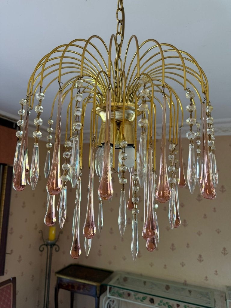 Roze glazen kroonluchter met regendruppels, Ophalen, Zo goed als nieuw, Glas