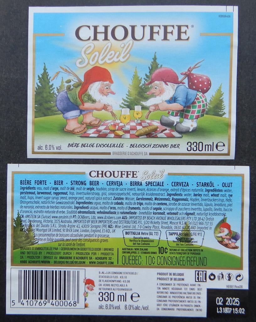 Étiquette de bière Chouffe Soleil Bras. d'Achouffe (13f0), Envoi, Utilisé
