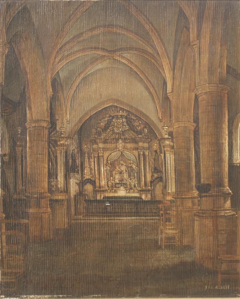 Jos Albert (1886-1981): Brabants kerkinterieur (60 x 70 cm), Antiek en Kunst, Kunst | Schilderijen | Klassiek, Ophalen of Verzenden