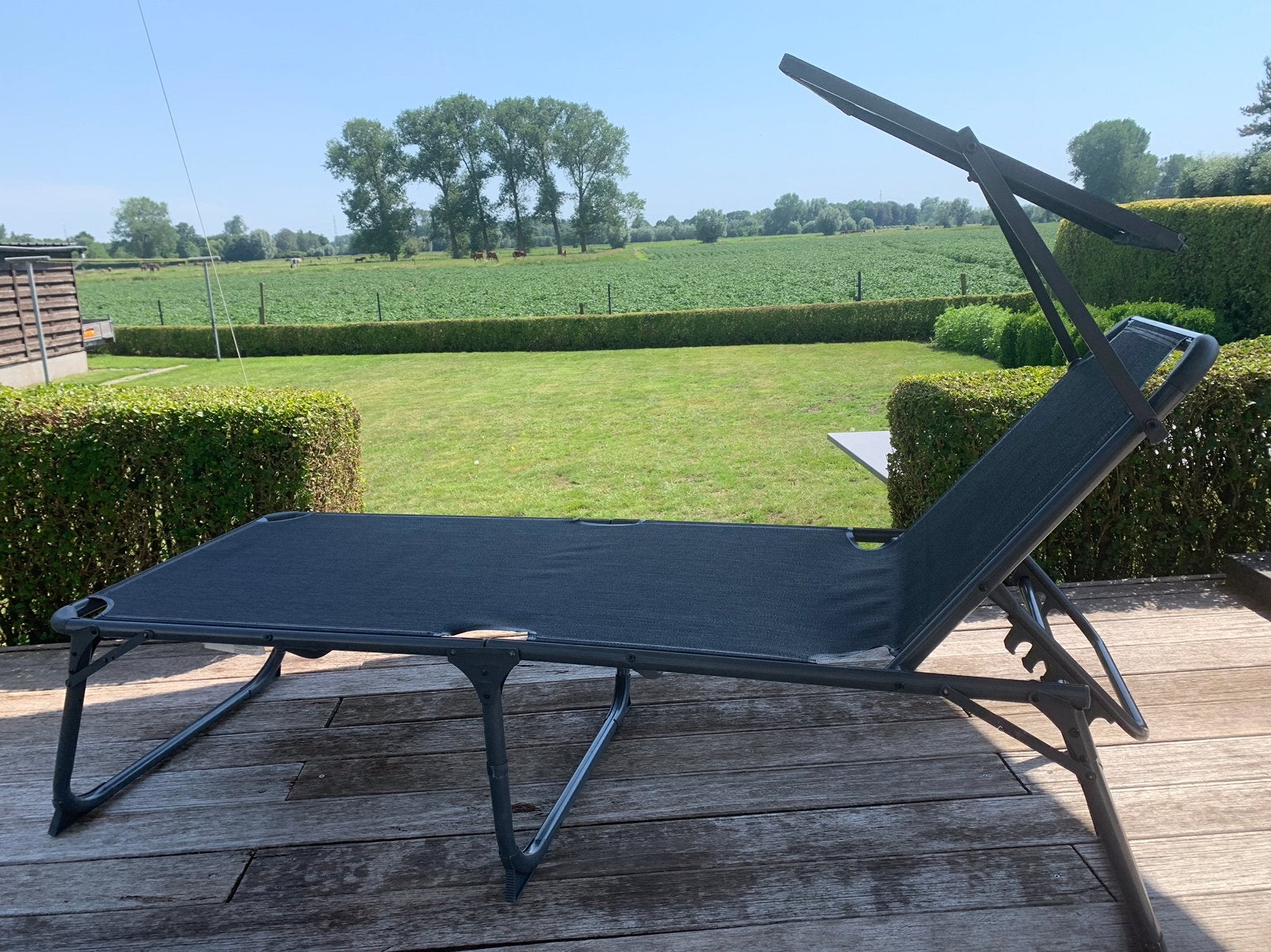 Ligbed met zonnescherm verstelbaar antraciet, Tuin en Terras, Ophalen, Nieuw, Textileen, Verstelbaar