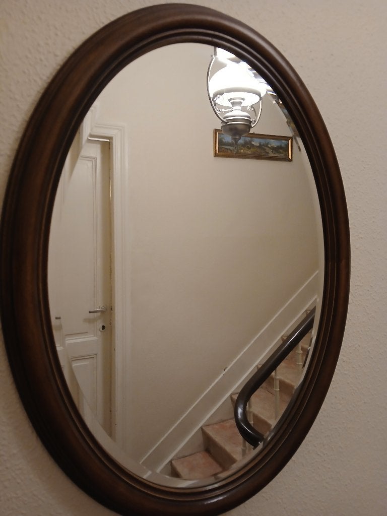 MIROIR ovale bord biseauté avec cadre en bois, Enlèvement, Ovale, 50 à 100 cm, Moins de 100 cm