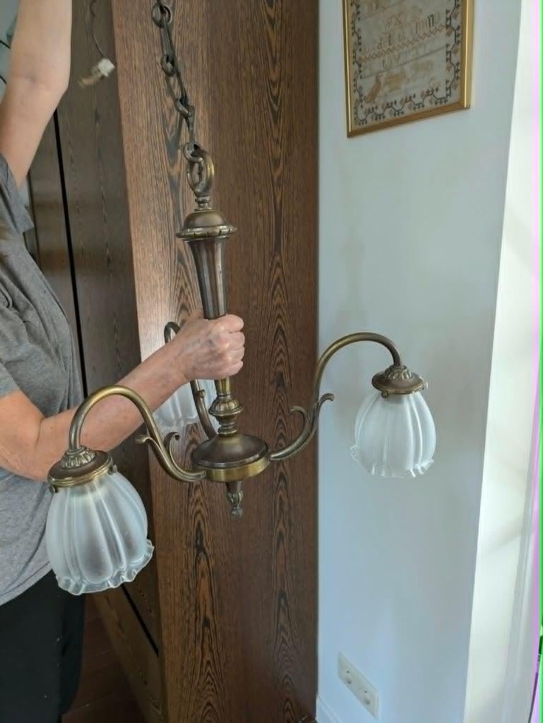 Vintage koperen kroonluchter met 3 lampen, Ophalen
