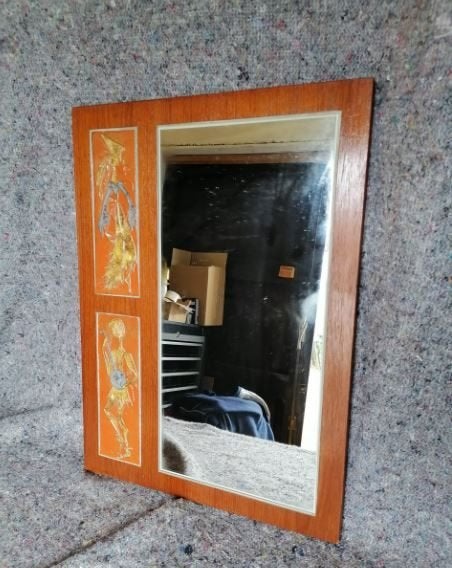 vintage spiegel Emile Pinson teak/keramiek 60er, Ophalen, Huis en Inrichting