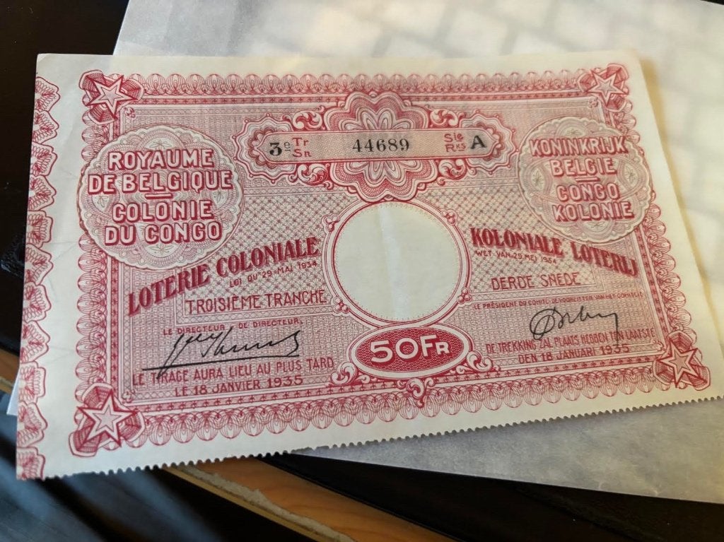 Billet original de loterie Congo 1935 Belgique Collection