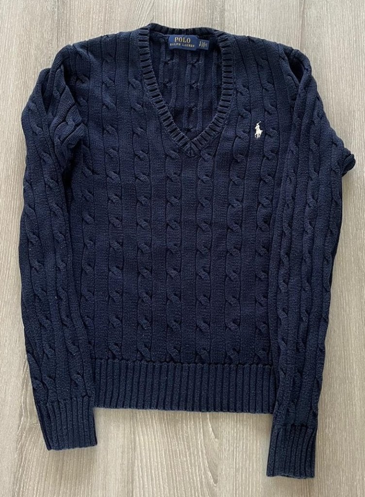 Blauwe Polo Ralph Lauren kabelgebreide damestrui – maat S/P, Ophalen, Polo ralph lauren, Blauw, Maat 36 (S)