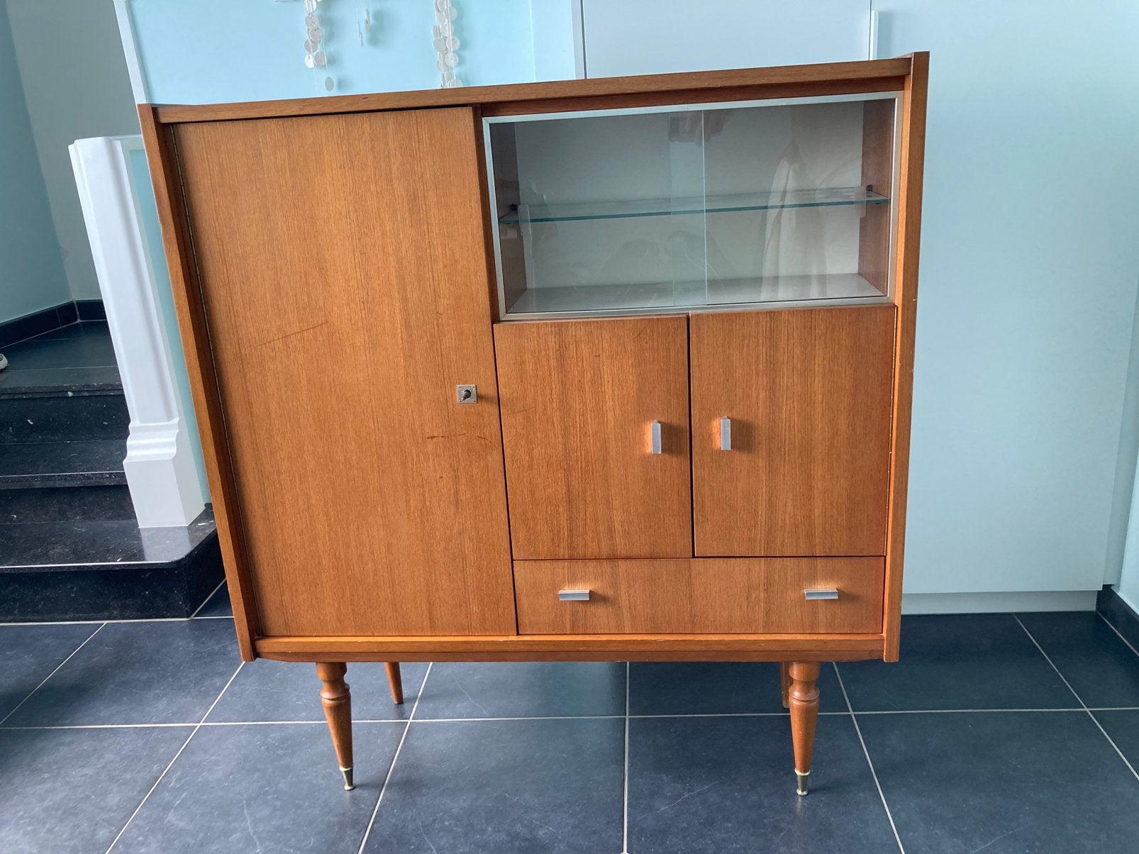 Vintage Deens design highboard – jaren 60 teak barkast, Huis en Inrichting, Kasten | Dressoirs, Ophalen, Gebruikt