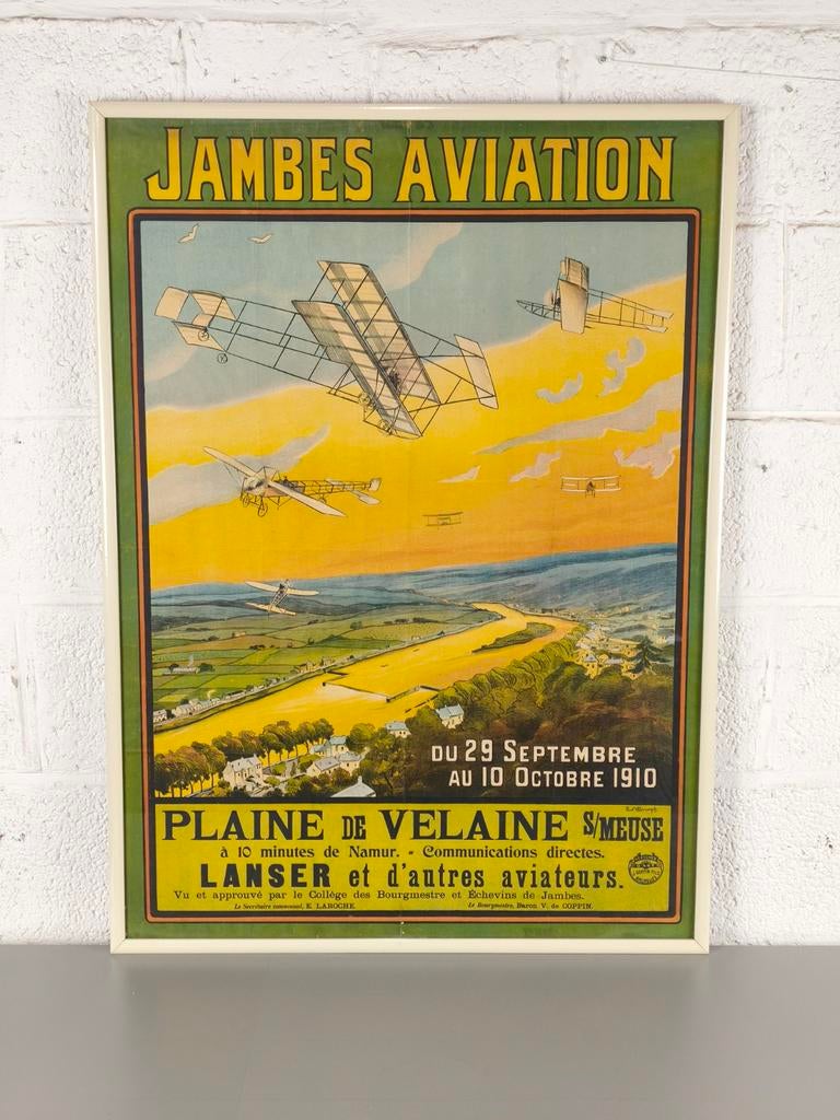 Prachtige grote affiche Jambes aviation 1910, Collections, Enlèvement