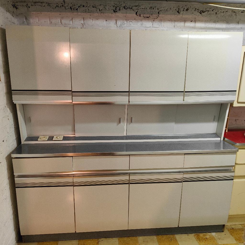 Grand buffet de cuisine gris vintage années 70, Gris, 150 à 200 cm, Utilisé, 50 à 75 cm