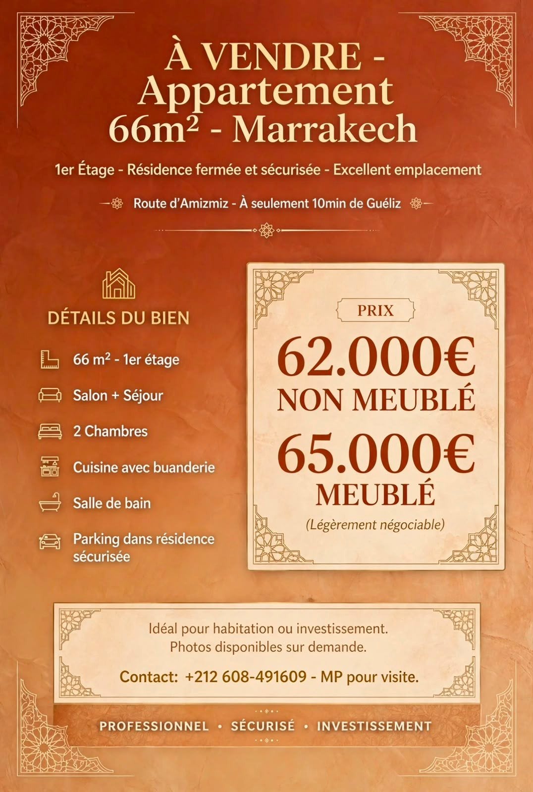 Bel appartement a vendre sur Marrakech, Immo, 66 m², Appartement, Ventes sans courtier, 2 chambres