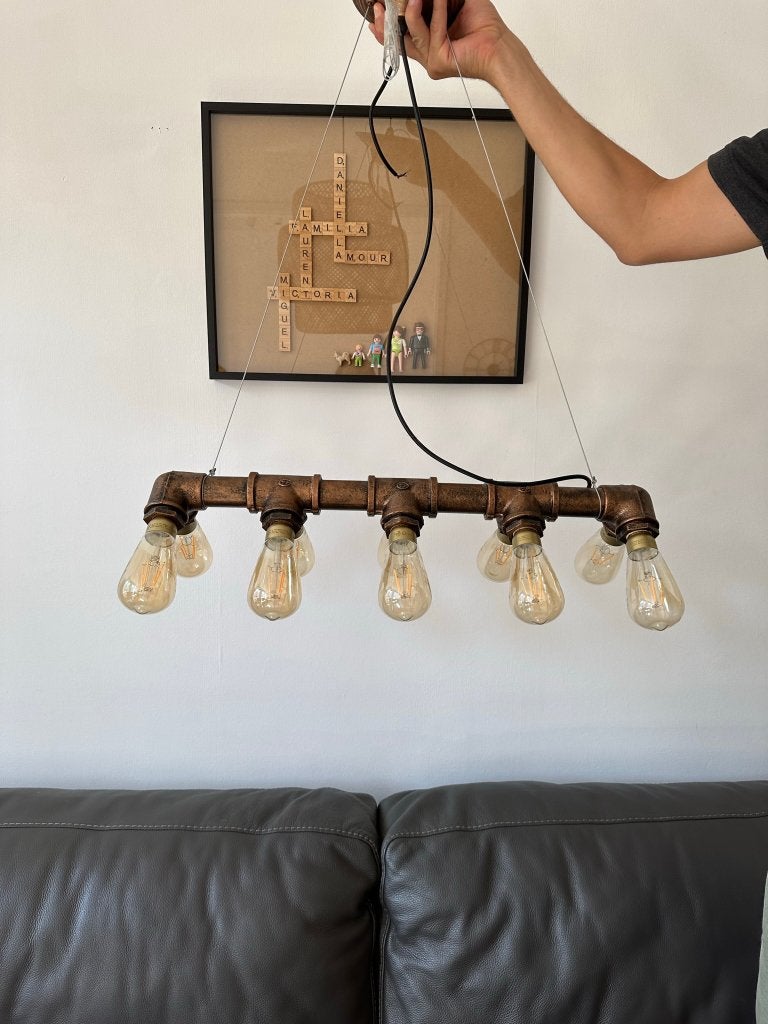 Grande suspension industrielle style steampunk – 10 lumières, Ophalen, Gebruikt, E27 (groot), Industriel/Steampunk