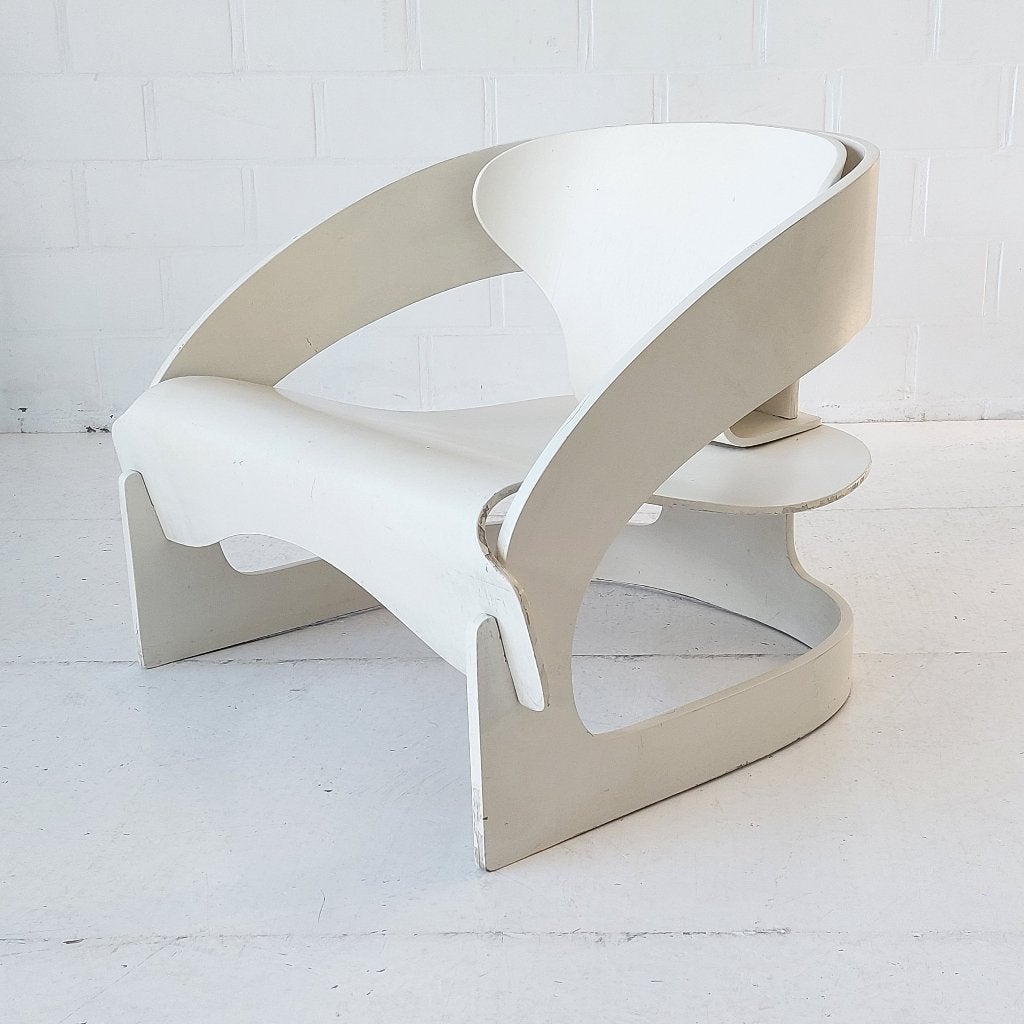 Joe colombo 4801 plywood Lounge chair Kartell Italy 1960-70s, Blanc, Signé, Chaise, Bois