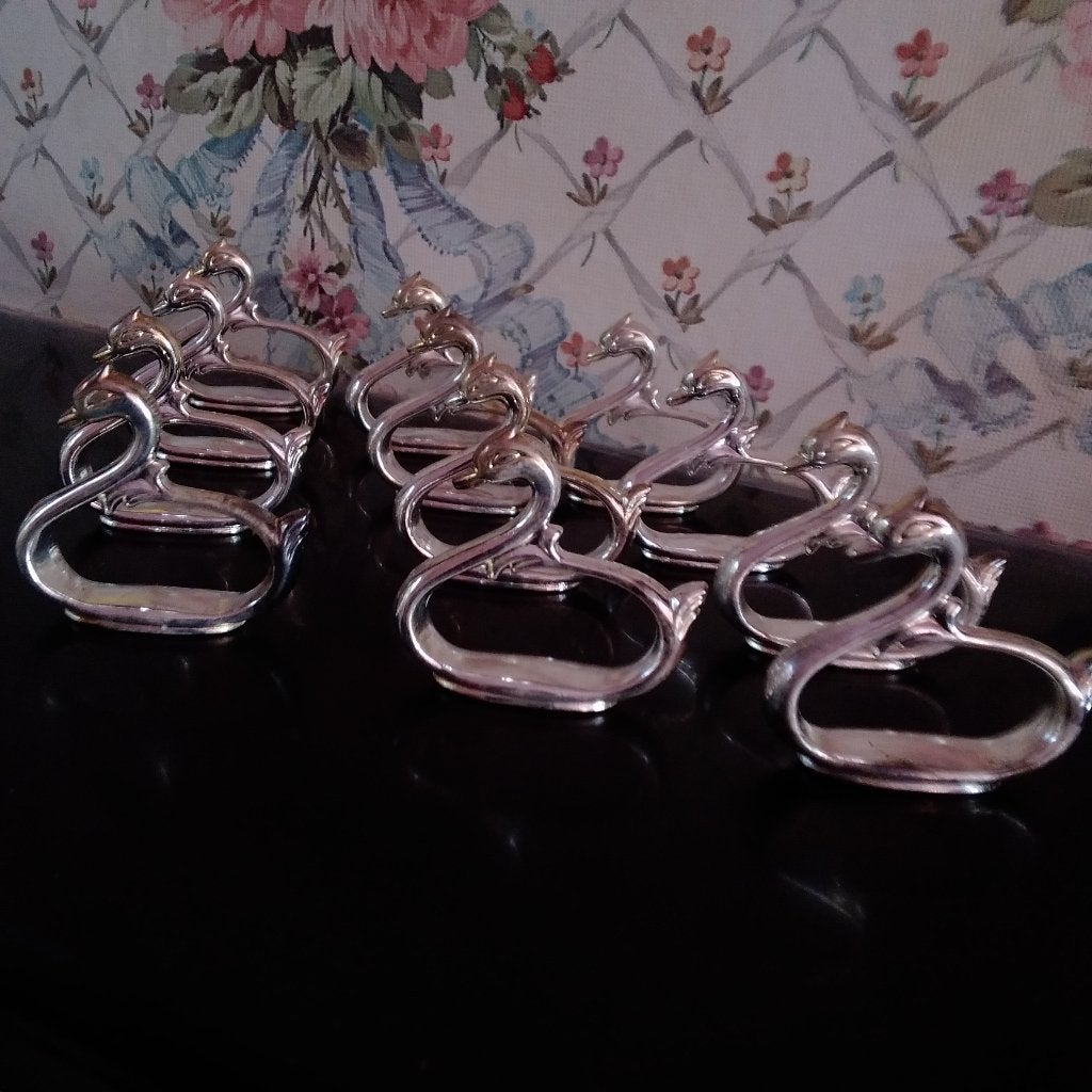 12 serviettes vintage en métal argenté, anneaux, cygnes, Envoi