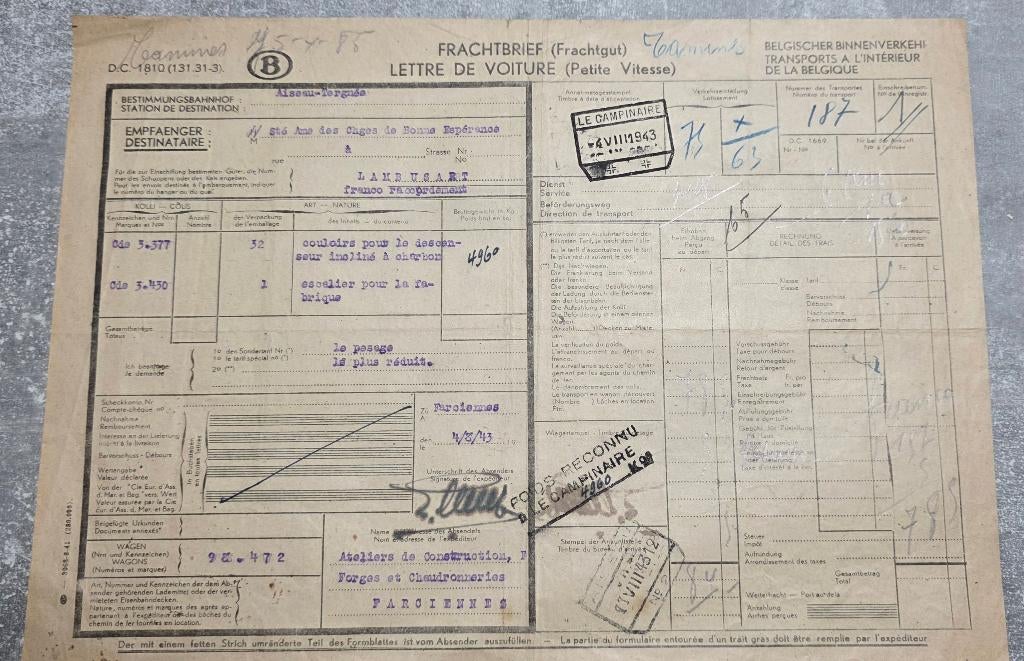 1943+Aiseau+Farciennes+Le campinaire+Lettre de voiture, Enlèvement, Utilisé, Train, Autres types