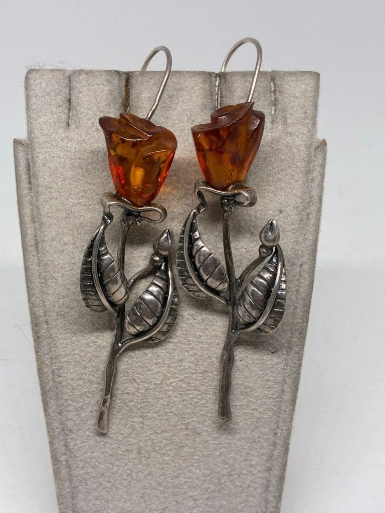 Zilveren oorbellen met echte amber - Uniek model, Handtassen en Accessoires, Ophalen of Verzenden, Gebruikt, Grijs, Zilver