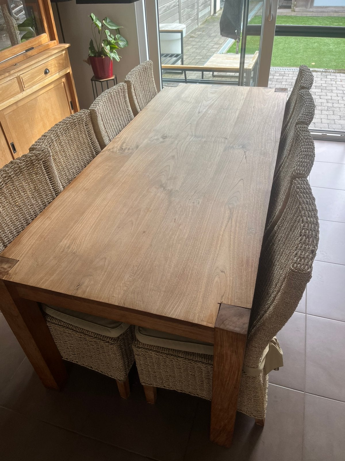 Teakhouten Tafel met 8 Stoelen – Complete Set, Ophalen, Gebruikt, 6 tot 8 stoelen