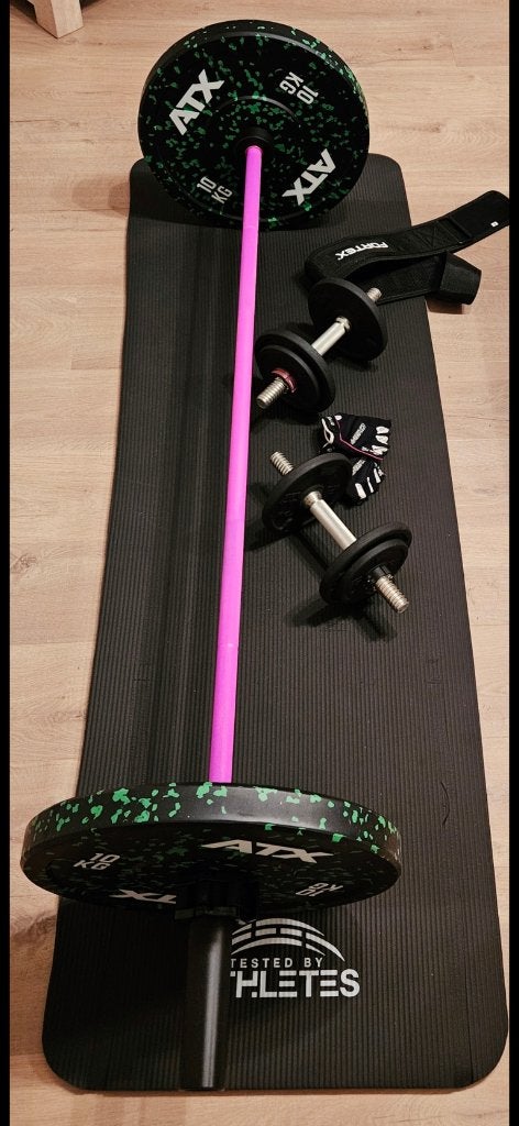 Gym Masters halterstang + 20 kg ATX bumper plates, Sport en Fitness, Ophalen, Zo goed als nieuw, Armen, Halterstangen