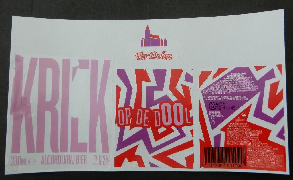 Bieretiket Op de Dool alc vrij Kriek Br. Ter Dolen (12a1a), Verzamelen, Verzenden, Gebruikt