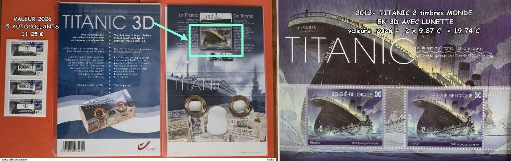 2012- TITANIC 2 timbres monde 3D AVEC LUNETTE + 5 AUTOCO, Envoi