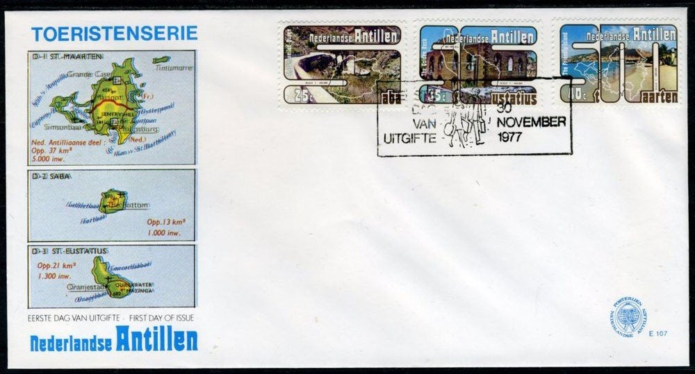 NL. ANTILLEN E107 FDC 1977 - Toerisme, bovenwindse eilanden, Verzenden, Gestempeld