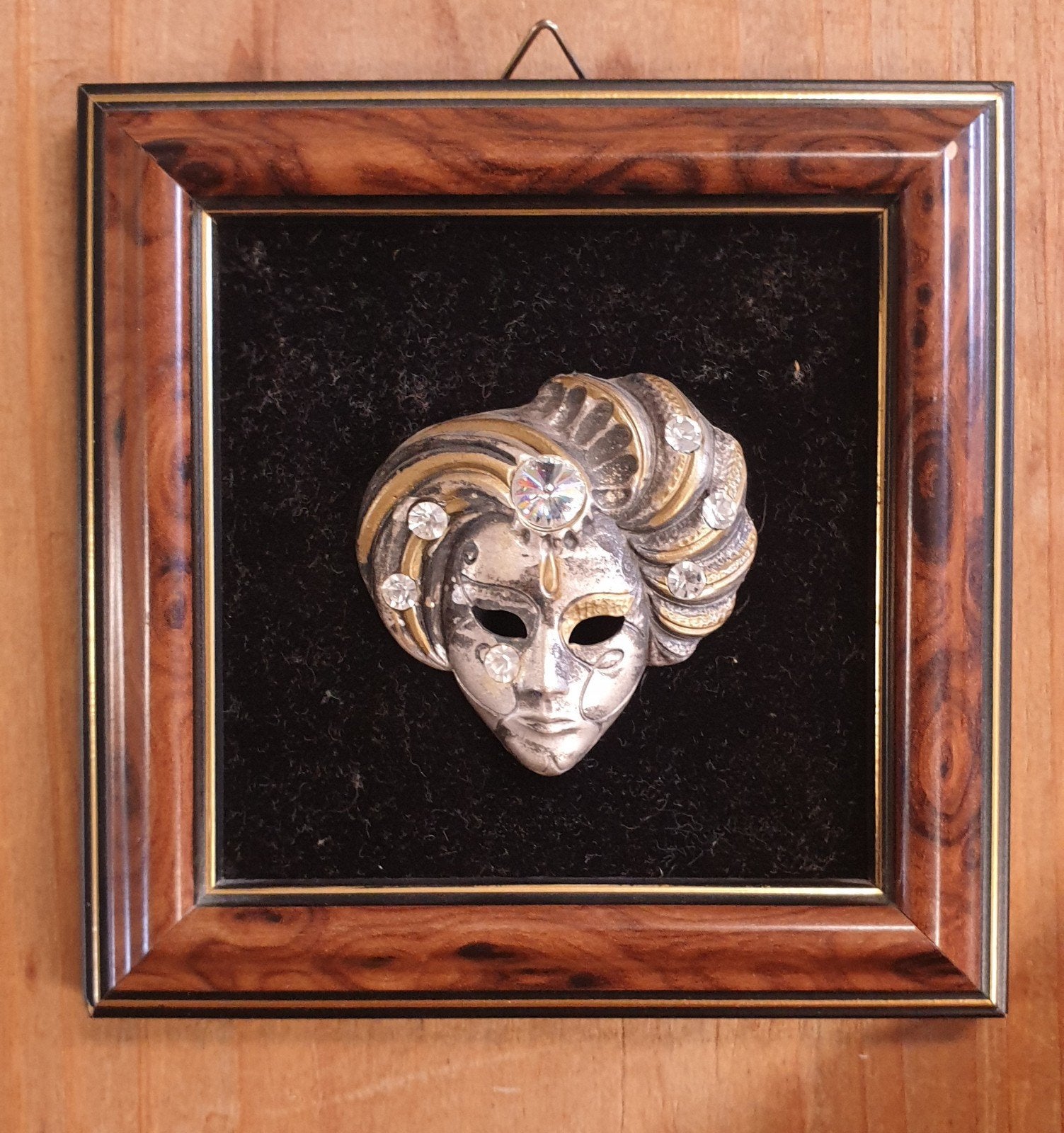 7 venetiaanse maskers en 1 miniatuur in kader, Ophalen of Verzenden
