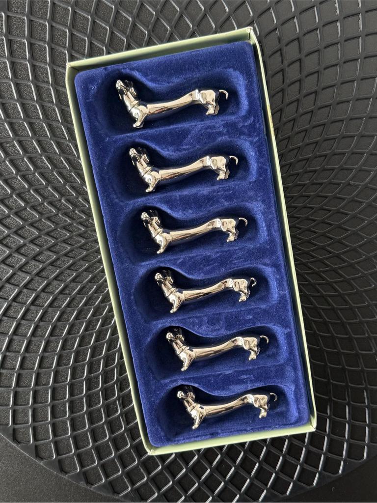 Vintage teckel messenleggers set van 6 met doos hond bestek, Ophalen of Verzenden