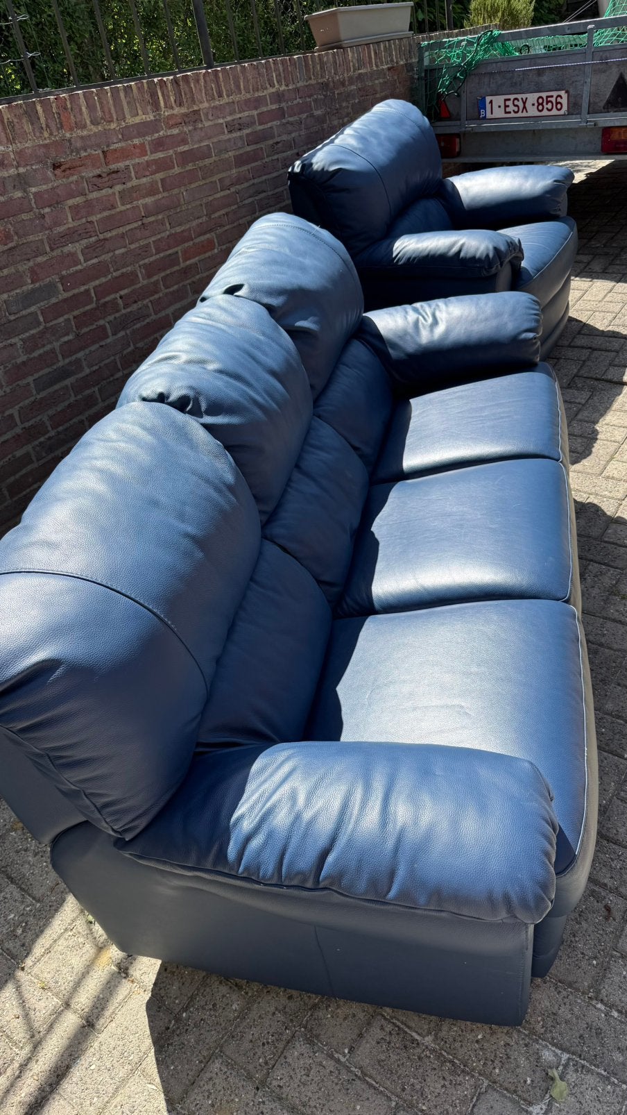 3-zitsbank + blauwe leren fauteuil — Zeer goede staat ️, Ophalen, Zo goed als nieuw, Leer