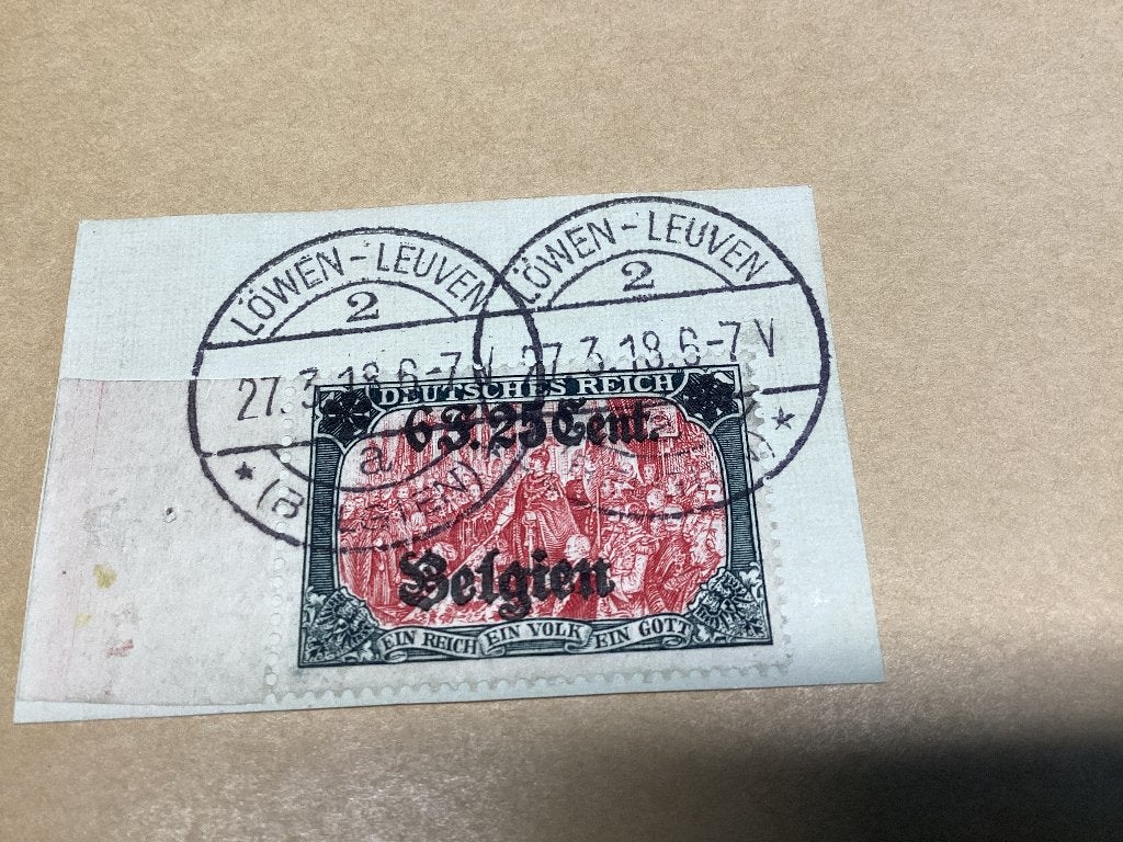 Duitse postzegel afstempeling Leuven oorlog 27.3.18, Ophalen of Verzenden, Gestempeld, Overige thema's
