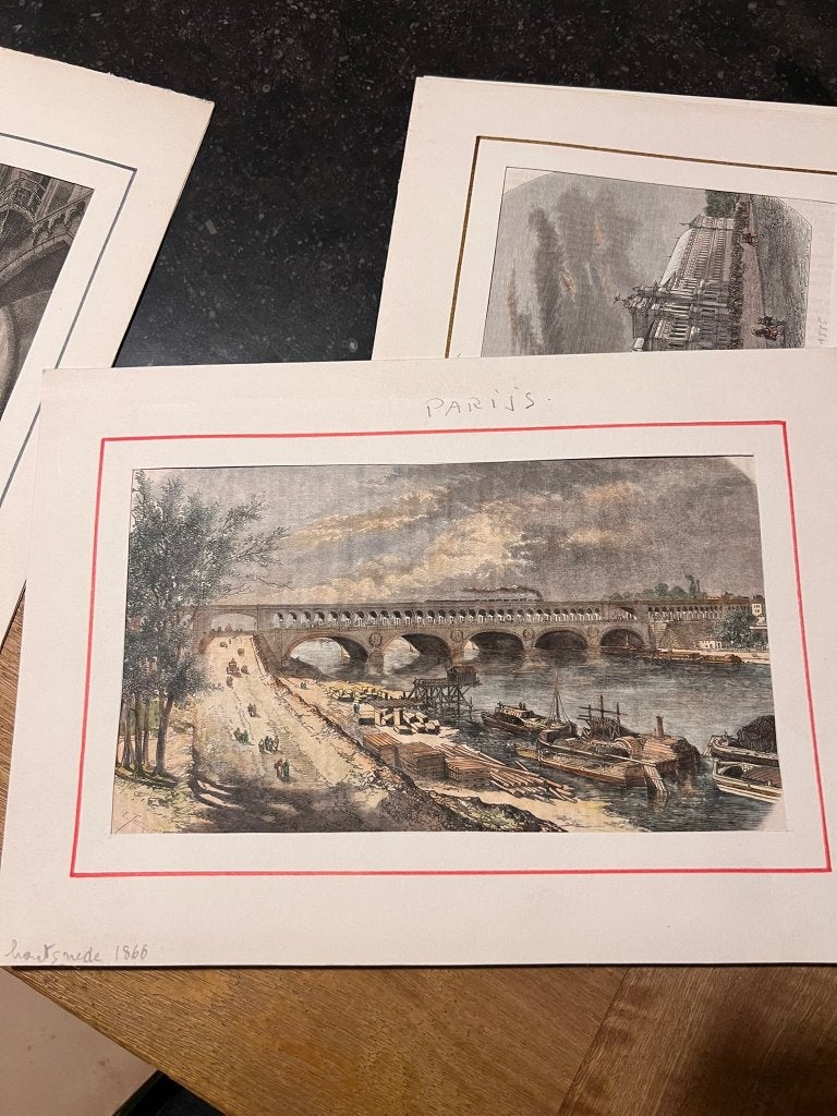5 gravures sur bois anciennes : Metz, Paris, Lyon, Nancy, Enlèvement ou Envoi, Vue urbaine, Gravure sur bois, 1800 - 1899