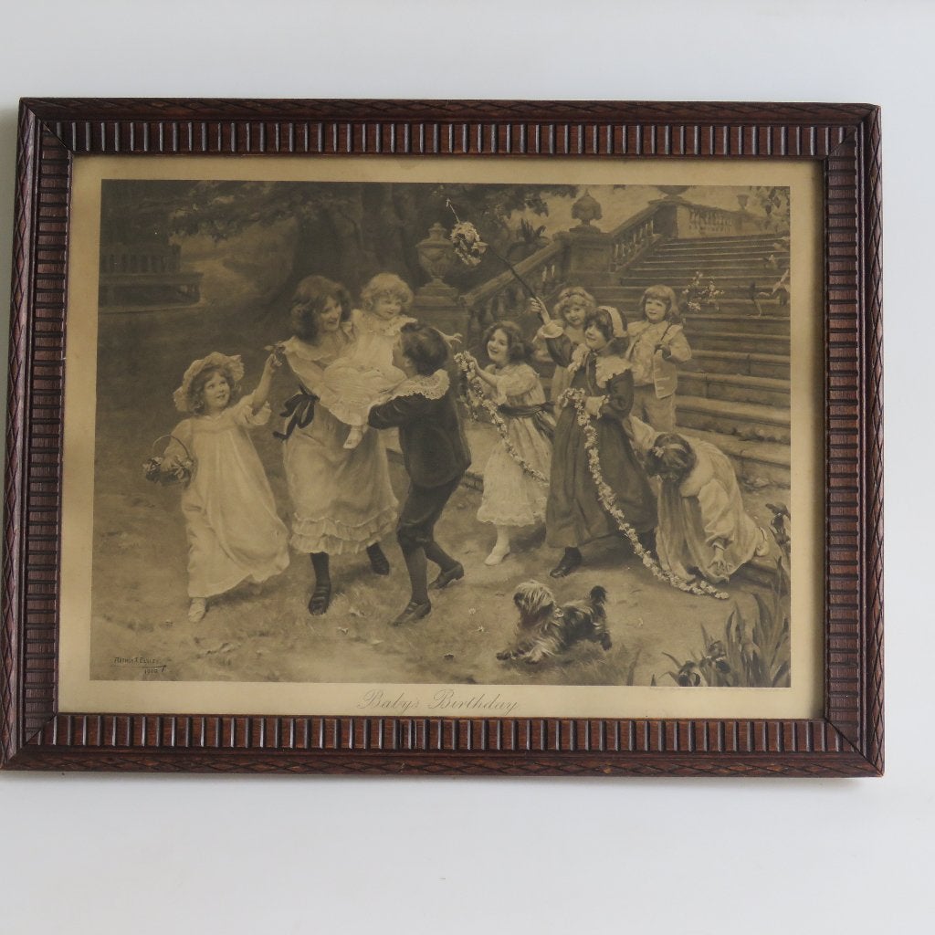Gravure imprimée Arthur J Elsley  l'anniversaire d'un bébé, Enlèvement ou Envoi, Gravure, Signé