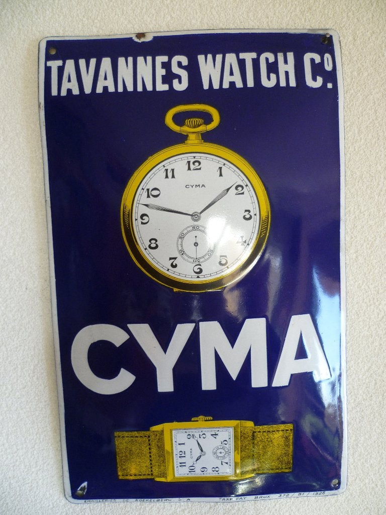 EMAILLE RECLAMEBORD"CYMA TAVANNES WATCH CO"UIT 1926, Ophalen of Verzenden, Gebruikt, Reclamebord