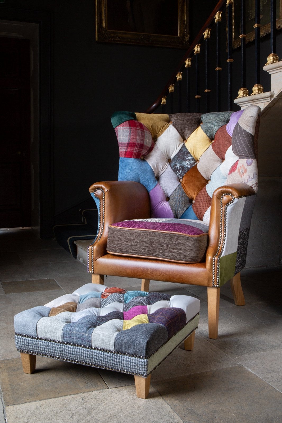 OXFORD MULTICOLOR PATCHWORK CHESTERFIELD zetel FAUTEUIL STOF, Ophalen of Verzenden