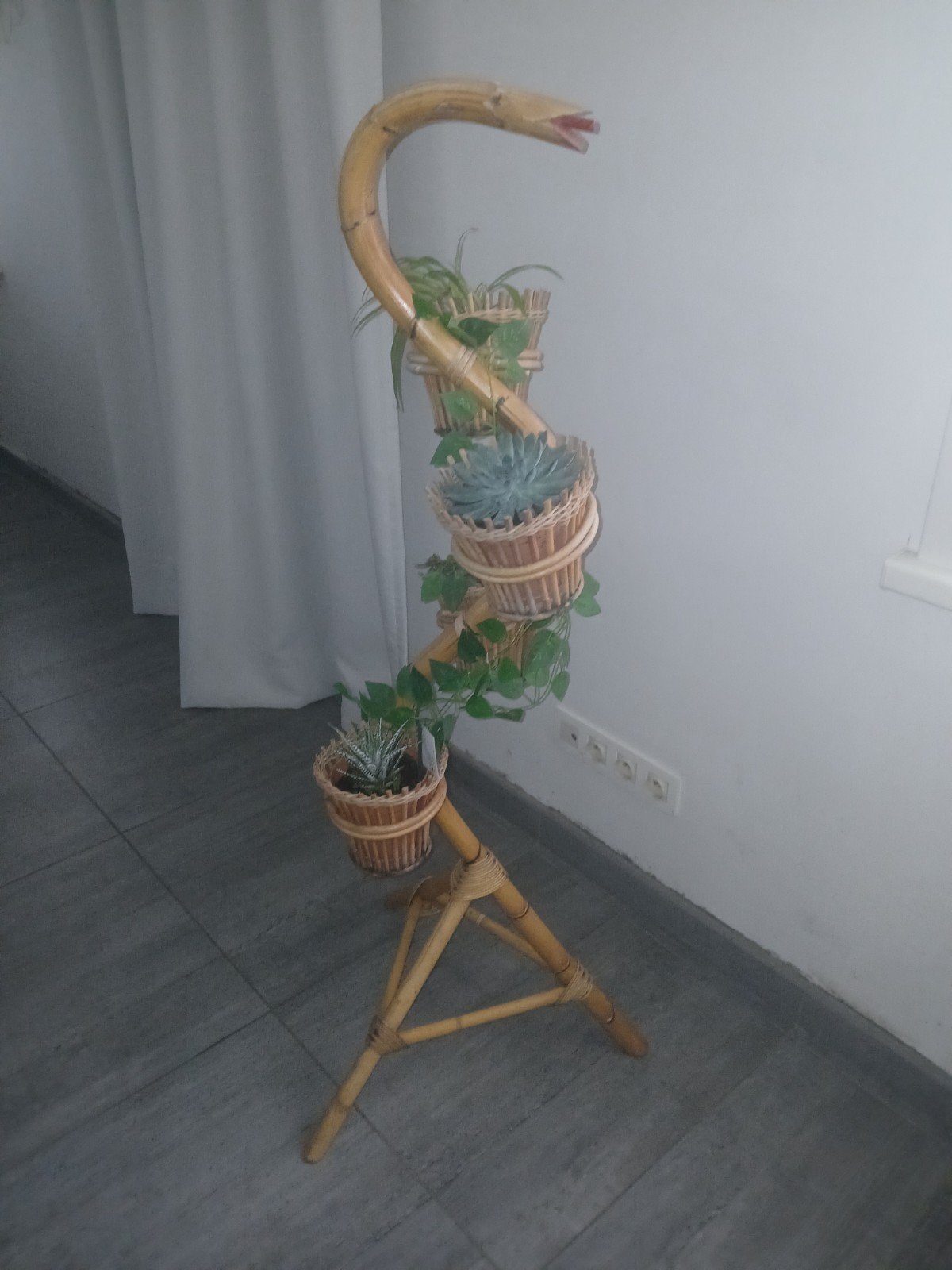 Serpent porte-plantes vintage en bambou, 4 paniers d’origine, Enlèvement, Utilisé