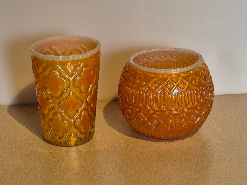 Set oranje windlichtjes t-lichtjes; samen €2, Ophalen of Verzenden, Gebruikt, Kandelaar