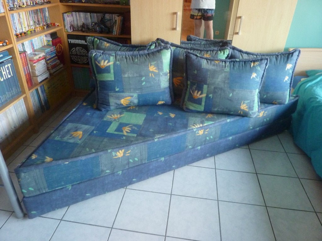 Divan de coin en tissu bleu, Maison & Meubles, Trois personnes, Banc d'angle, 200 à 250 cm, 125 à 150 cm