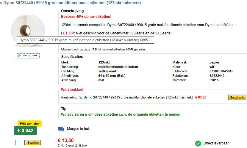 123inkt compatible Dymo 70x54/99015 grote multifunctionele, Computers en Software, Dymo, Nieuw, Ophalen of Verzenden, Azerty