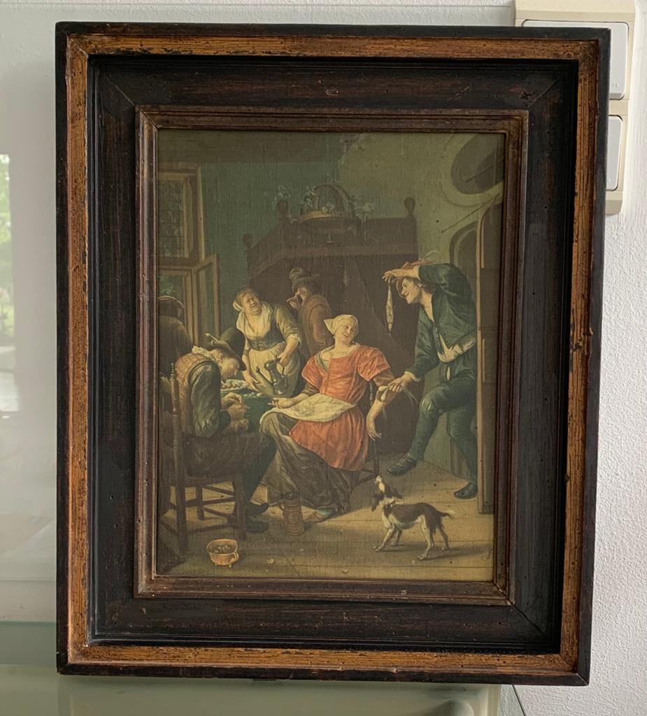 Replica in de stijl van Jan Steen 17e‑eeuws interiieurtoneel, Antiek en Kunst, Ophalen