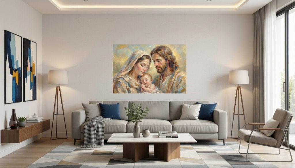 Jesus Mary en Joseph panoramic(verschillende ondersteuningen, Giclée, Ophalen of Verzenden, Passe-partout, Metaal