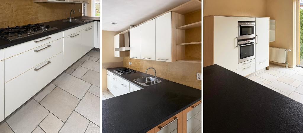 Duurzame rechte L / eiland keuken met natuursteen werkblad, Huis en Inrichting, Keuken | Complete keukens, Overige typen, Wit