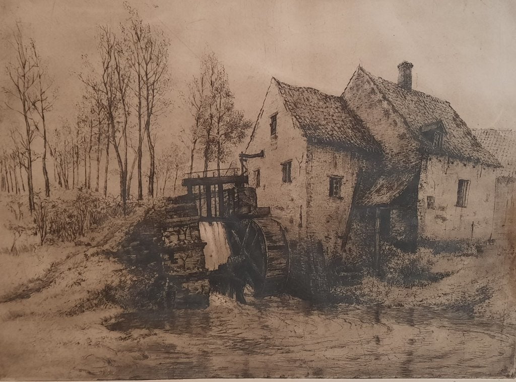 Ets van ROMAIN MALFLIET "Watermolen in Merchtem", Eau-forte, 72 cm, Enlèvement, Architecture