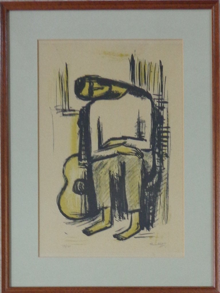 THEO HUMBLET / MUZIKANT / KLEURLITHO / 60x45cm / KADER / SIG, Gesigneerd, Ophalen of Verzenden