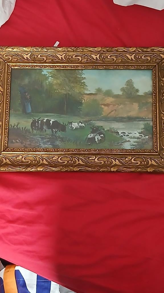 Oude olie uit 1924 — Pastoraal landschap met koeien, Verzenden