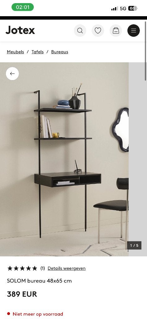 JOTEX Solom bureau - zwart metaal/zwart blad - 48x65cm, Huis en Inrichting, Bureaus, Ophalen, Zwart, Metaal