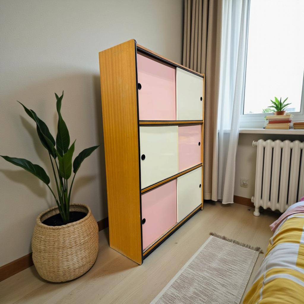 Vintage rose/witte kewlox kast met schuifdeuren, Verzenden, Gebruikt, Kast