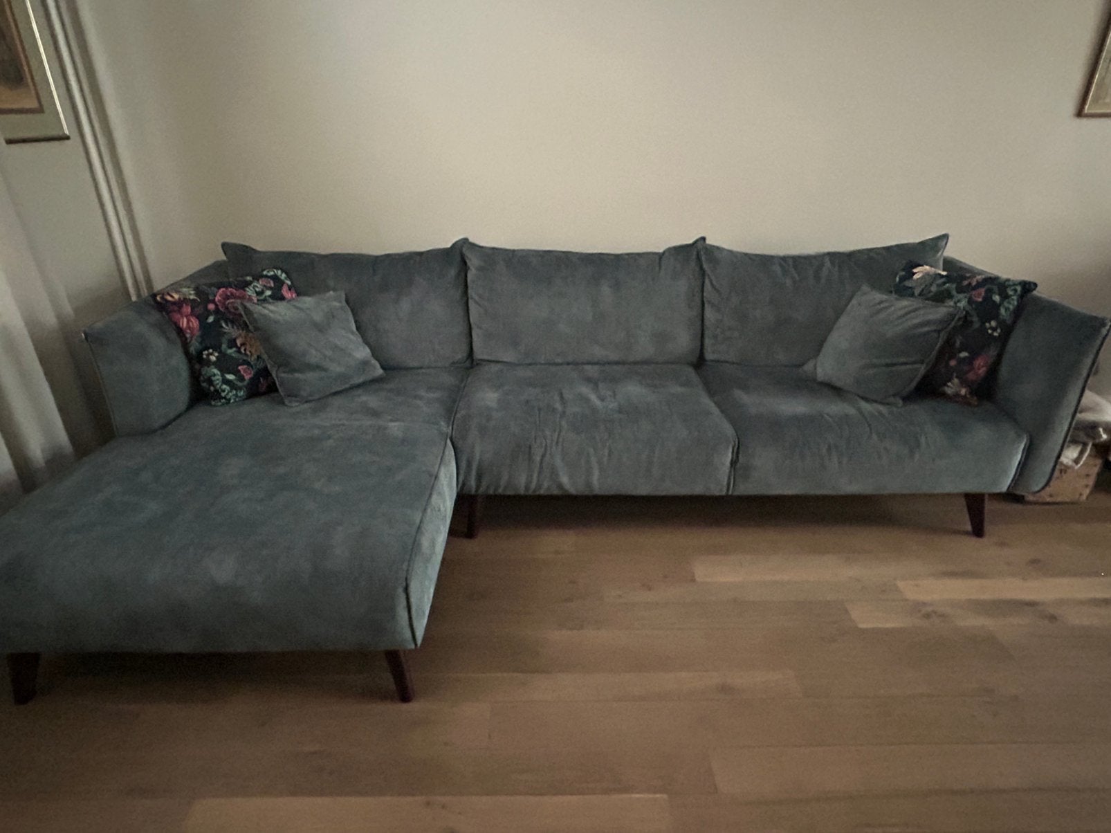 Salon met longchair velvet blue, Huis en Inrichting, Zetels | Complete zithoeken, Gebruikt, Stof, Ophalen