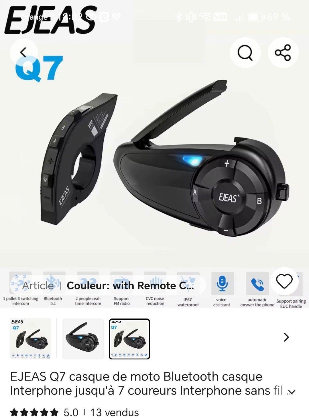 Interphone moto + commande au guidon Ejeas Q7, Ophalen of Verzenden
