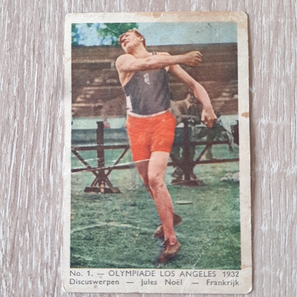 plaatje Olympiade Los Angeles 1932 Discuswerpen Jules Noél, Verzamelen, Sportartikelen en Voetbal, Gebruikt, Poster, Plaatje of Sticker