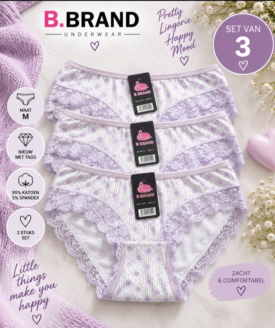 B.Brand 3x Nieuwe Damesslips Maat M, B.Brand, Ophalen of Verzenden, Wit, Slip