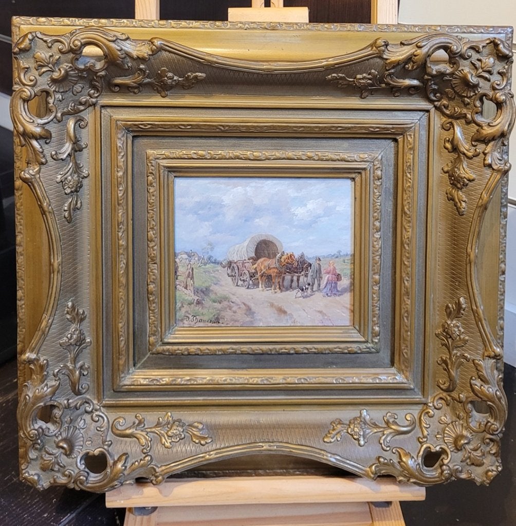 Désiré Thomassin, met paard en kar, Ophalen of Verzenden, Gesigneerd, Olieverf, Paneel