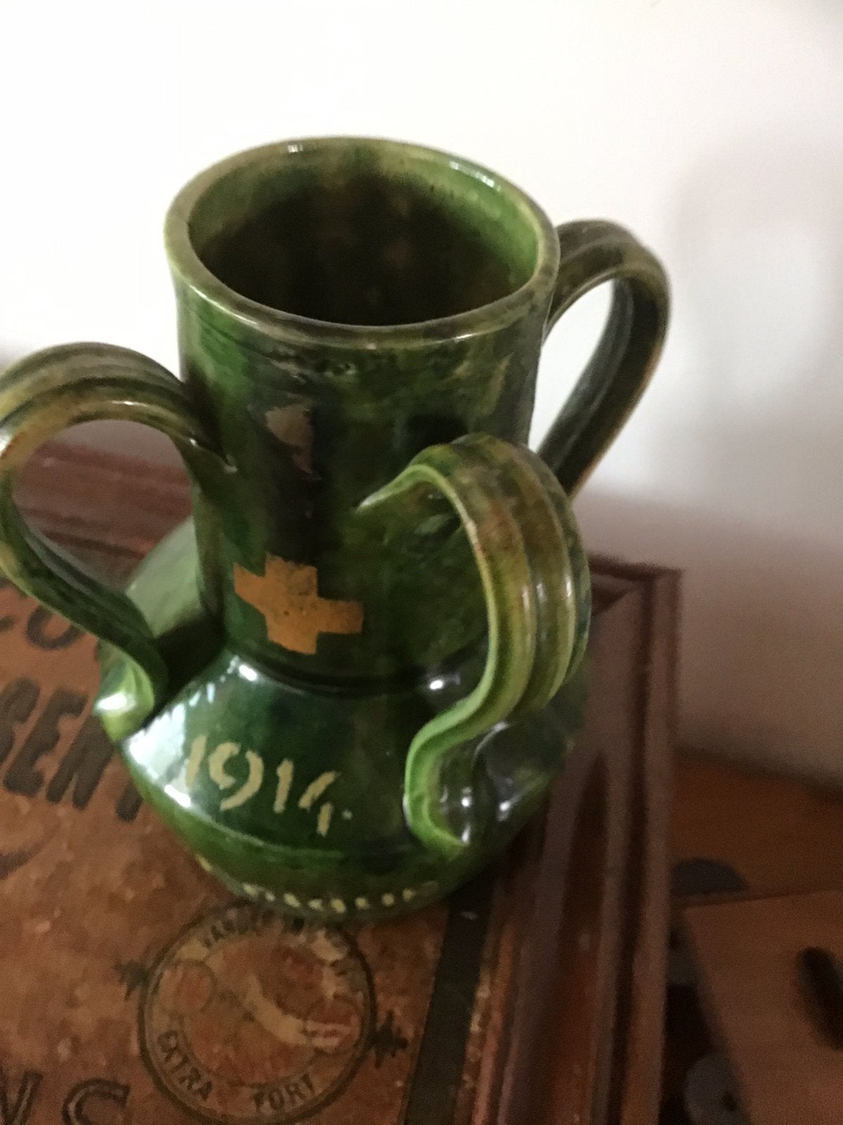 Antiek groene keramieken kruik 1914, Ophalen of Verzenden